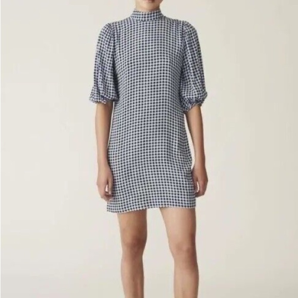 GANNI Black Blue Gingham Check Mini Dress Size 34 Puff Sleeve Cottagecore